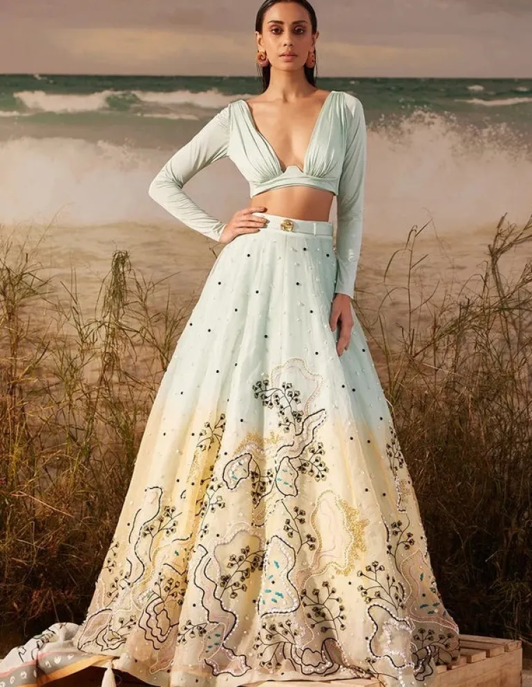 Mink Ombre Willow Skein Lehenga with Ruched Bustier