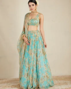 Mint Chiffon Floral Lehenga Set