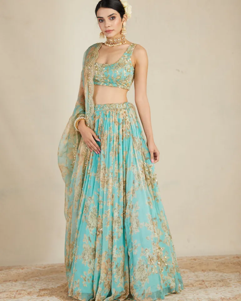 Mint Chiffon Floral Lehenga Set