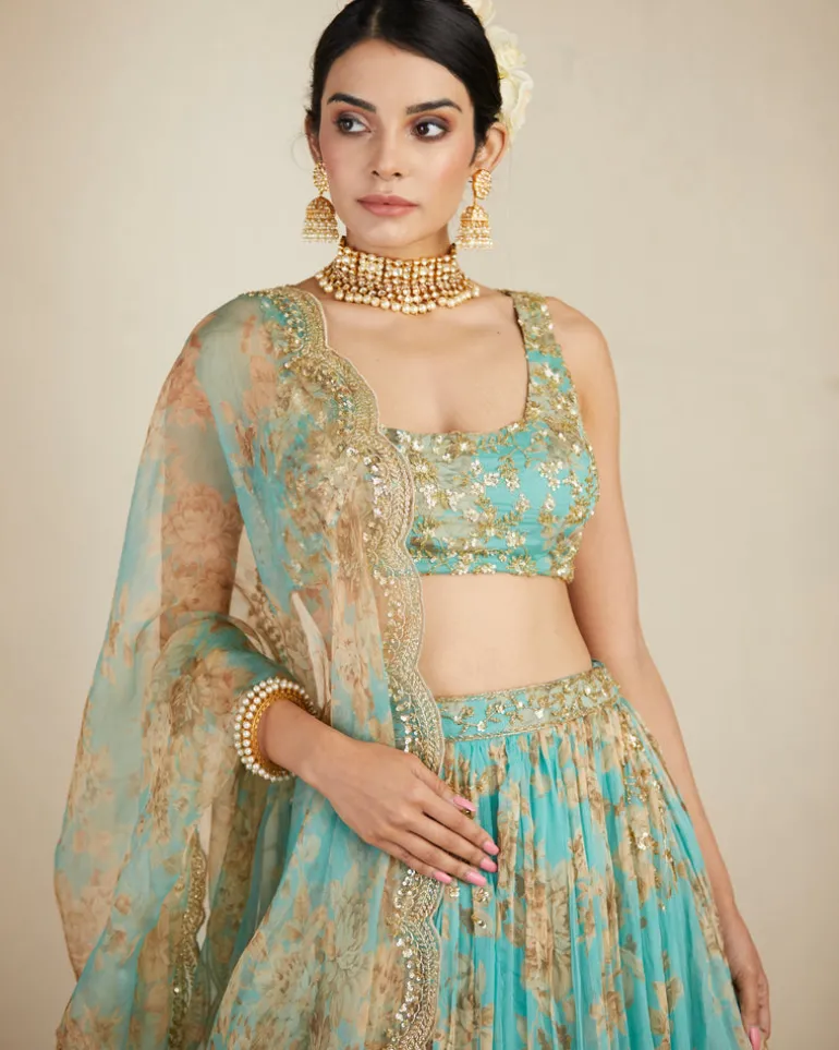 Mint Chiffon Floral Lehenga Set