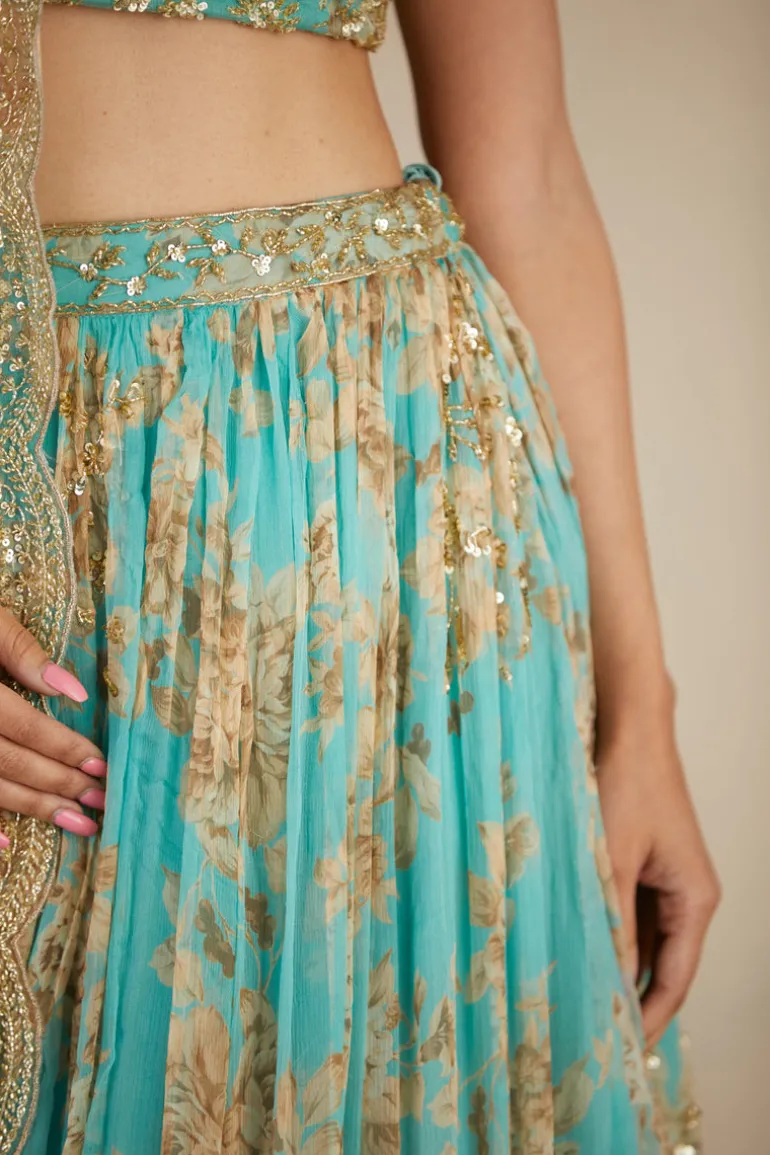 Mint Chiffon Floral Lehenga Set