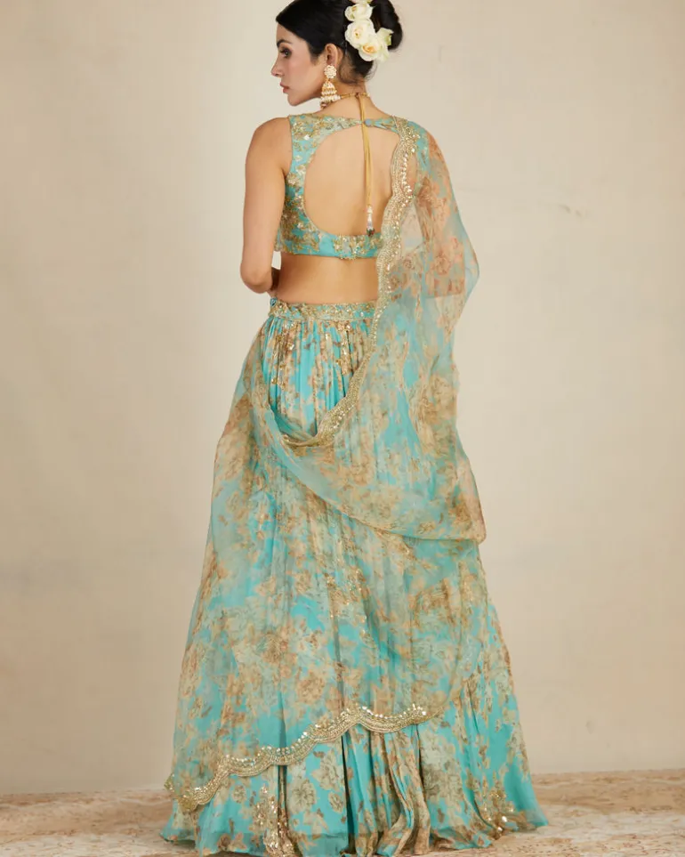 Mint Chiffon Floral Lehenga Set