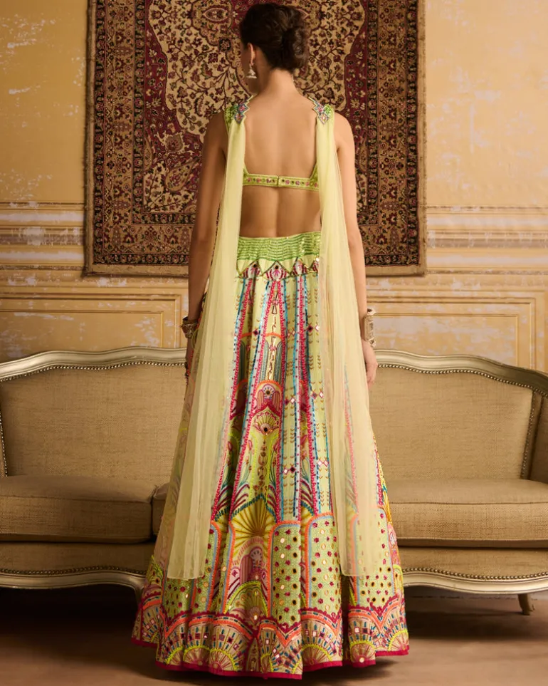 Mint Embroidered Blouse And Lehenga Set