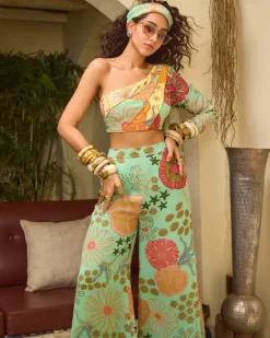 Mint Green And Yellow Panel Top With Flared Pants Set