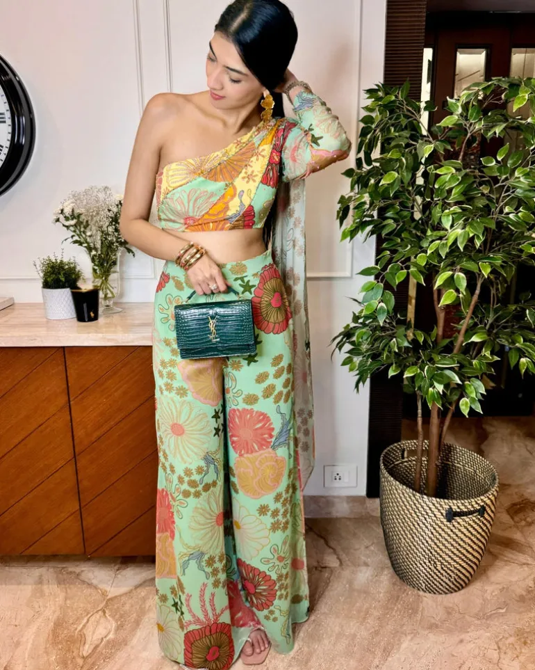 Mint Green And Yellow Panel Top With Flared Pants Set