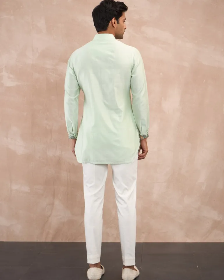 Mint Green Chanderi Silk Edge Cut Kurta Shirt Set