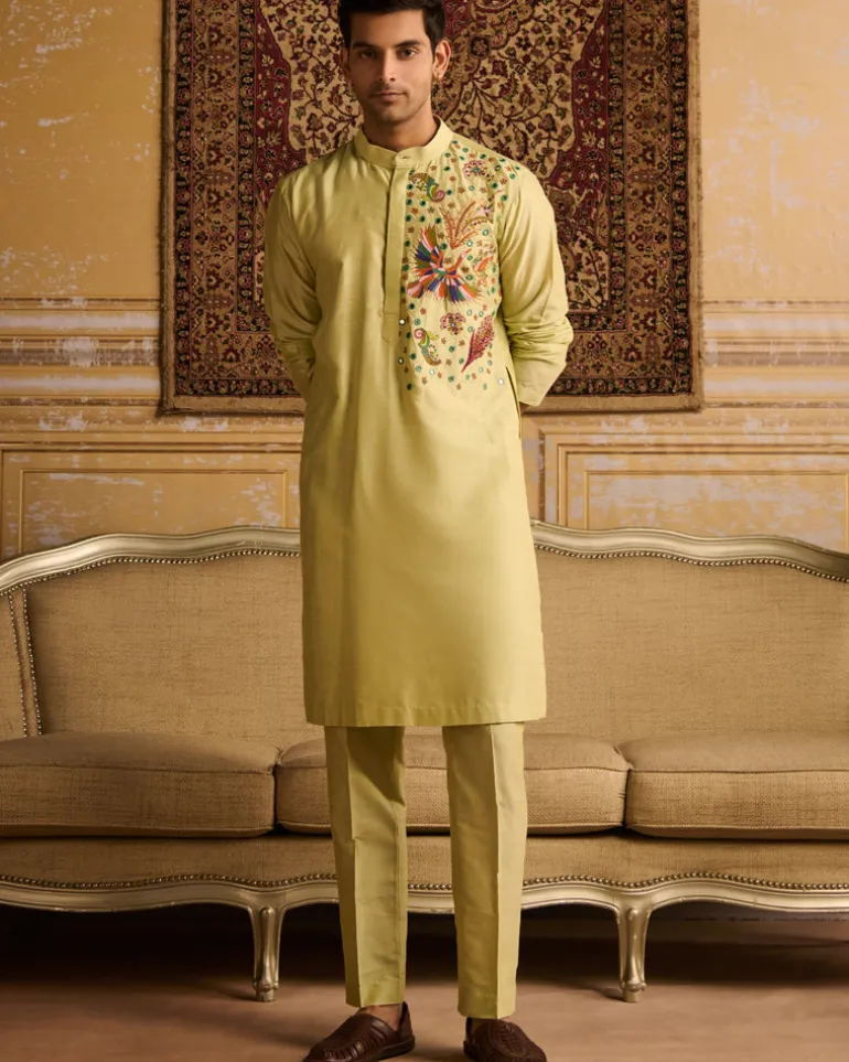 Mint Green Cosmic Floral Embroidered Kurta With Mint Green Pants