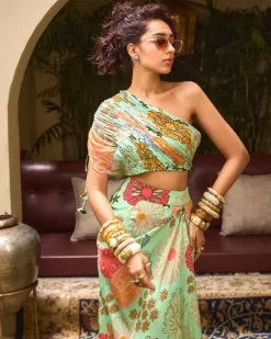 Mint Green Floral Top With Skirt
