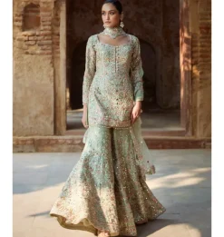 Mint Green Raw Silk Gharara Set