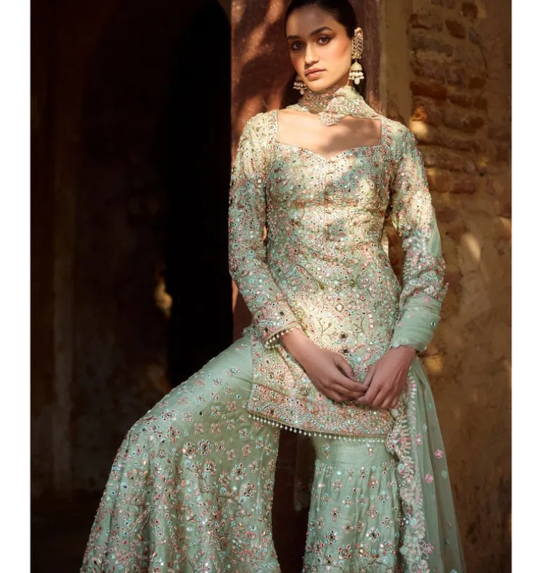 Mint Green Raw Silk Gharara Set