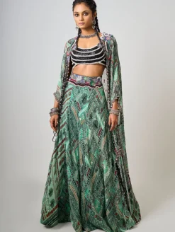 Mint Kaftan Printed & Embroidered Kaftan With Lehenga Set