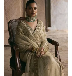 Mint Organza Dabka And Gota Work Sari Set