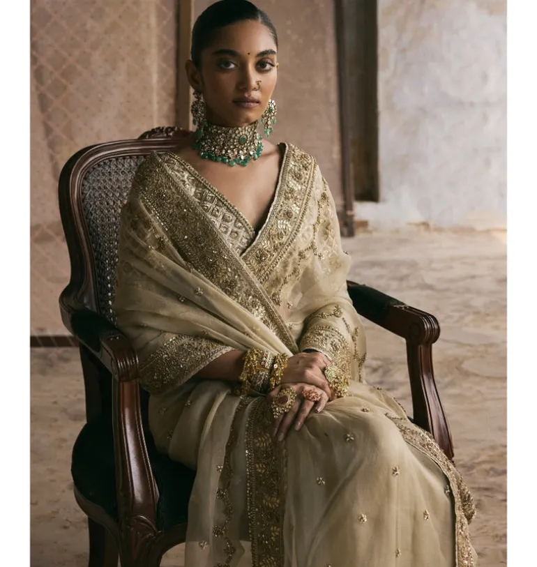 Mint Organza Dabka And Gota Work Sari Set