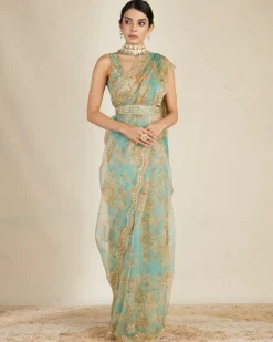 Mint Organza Floral Sari Set