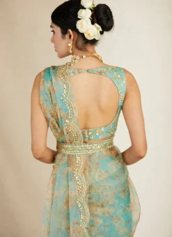 Mint Organza Floral Sari Set