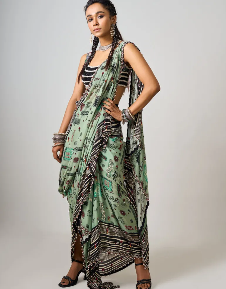 Mint Printed & Hand-Embroidered Pre Draped Cowl Sari Set