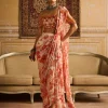 Mirror Embroidered Blouse And Orange Skirt Sari Set