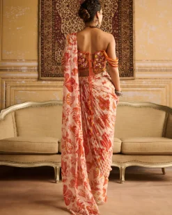 Mirror Embroidered Blouse And Orange Skirt Sari Set