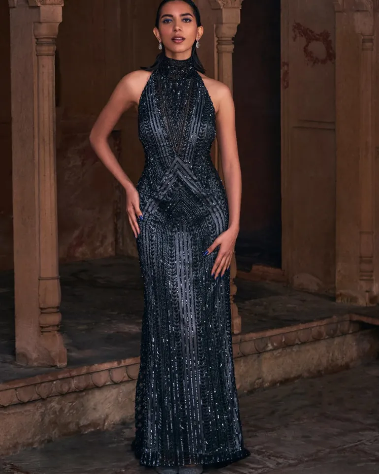 Moana Black Embroidered Gown