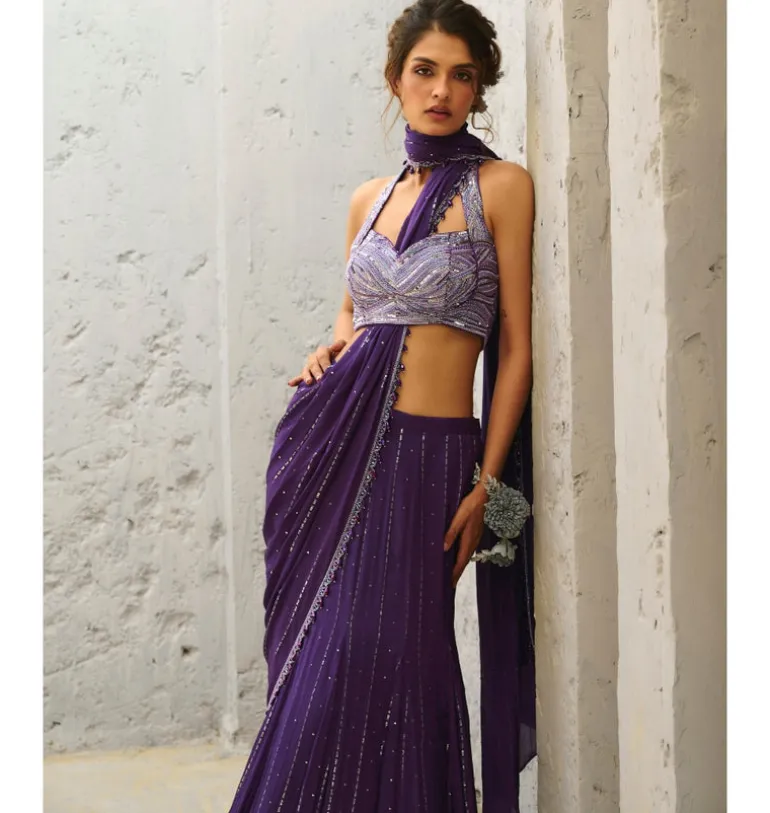 Moon Purple Pre-Drape Sari Set