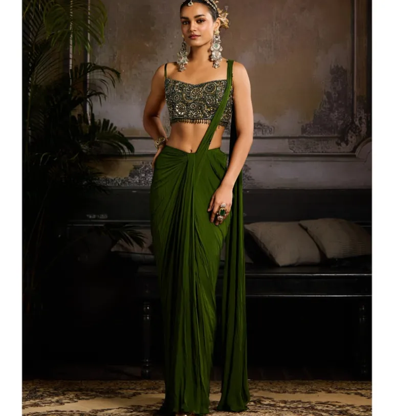 Moss Glow Pre-Draped Sari Set