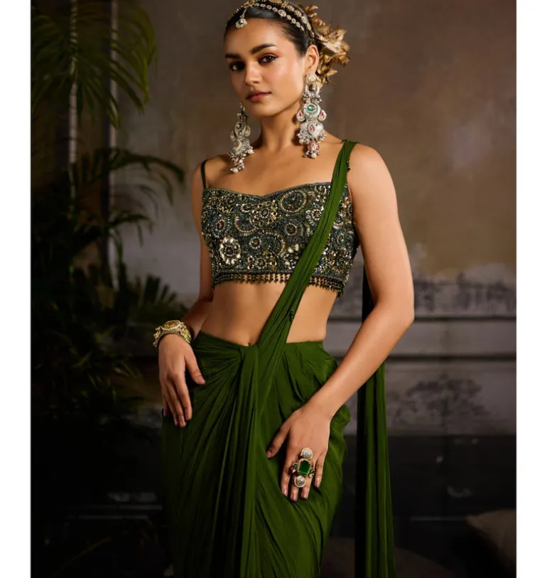 Moss Glow Pre-Draped Sari Set