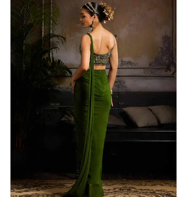 Moss Glow Pre-Draped Sari Set