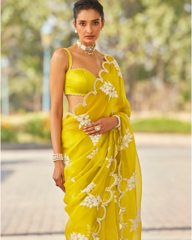 Moss Green Flower Sari Set