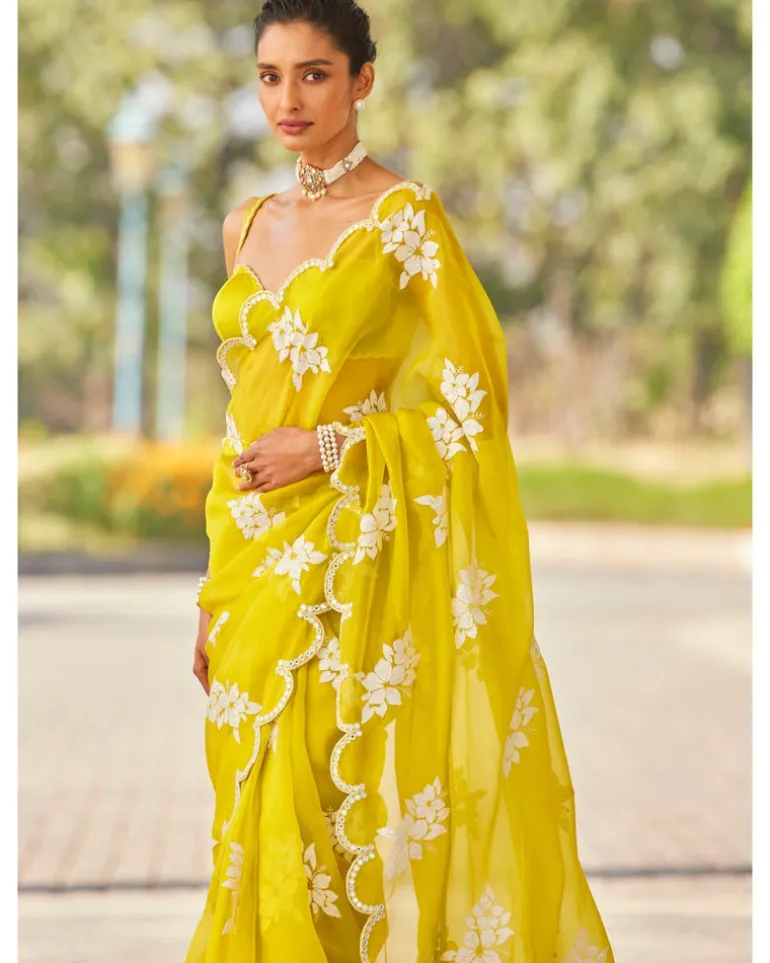 Moss Green Flower Sari Set