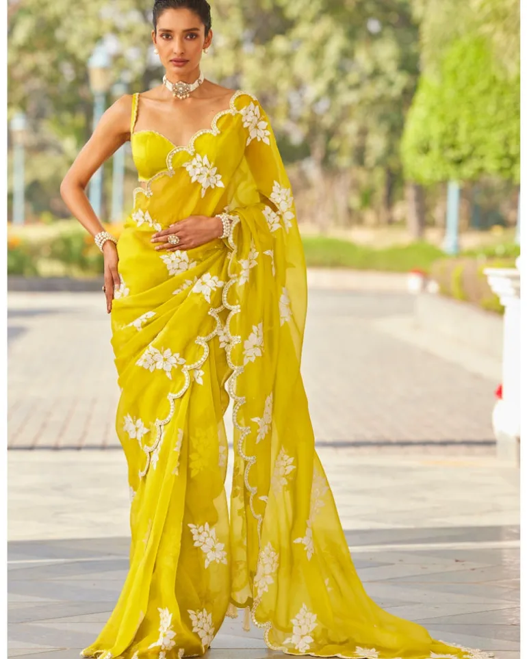 Moss Green Flower Sari Set