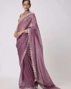 Mud Mauve Hand Embroidered Organza Sari Set
