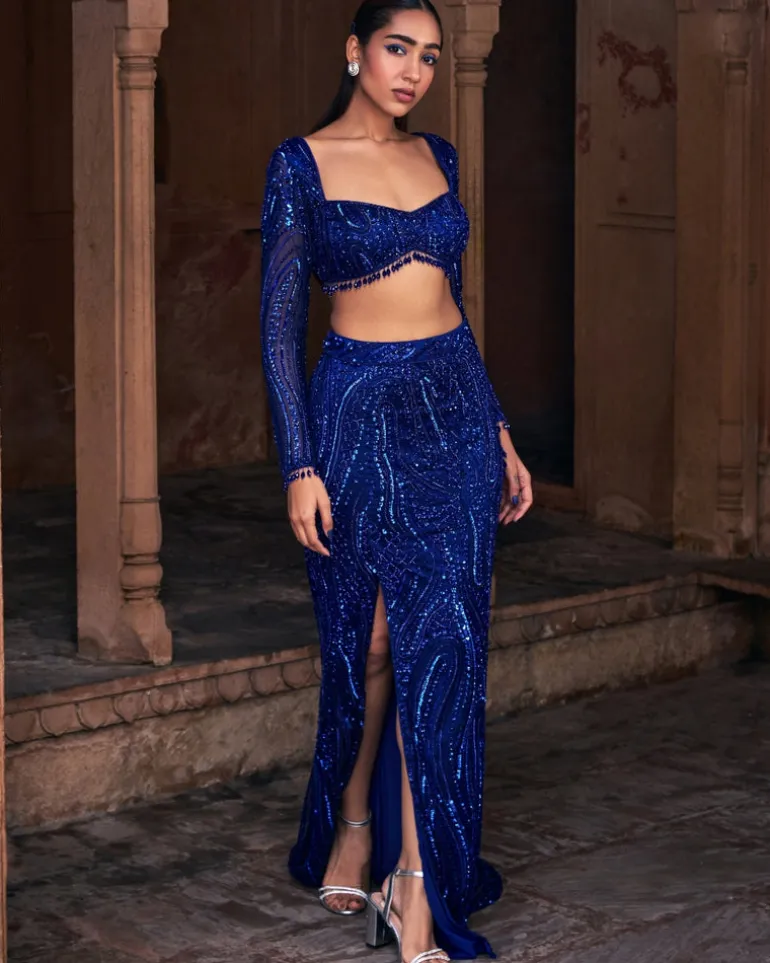 Mulan Electric Blue Embroidered Crop Top Skirt Set