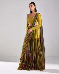Multicolor Printed & Embroidered Pant Sari Set