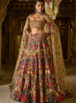 Multi-Coloured Three-Dimensional Floral Lehenga Set