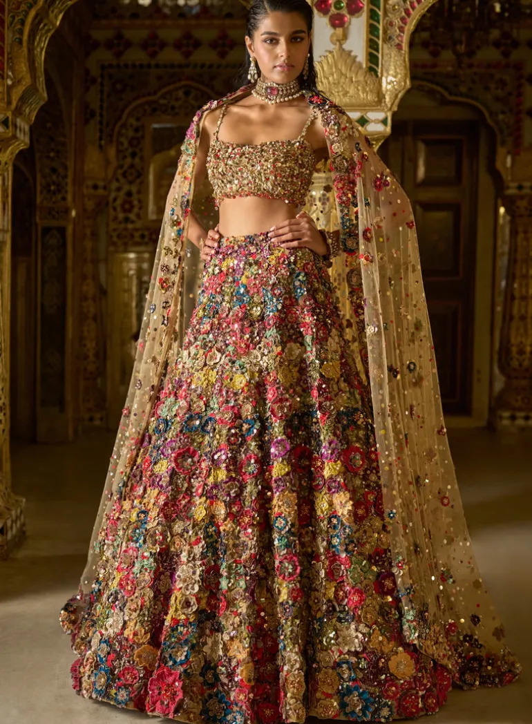 Multi-Coloured Three-Dimensional Floral Lehenga Set