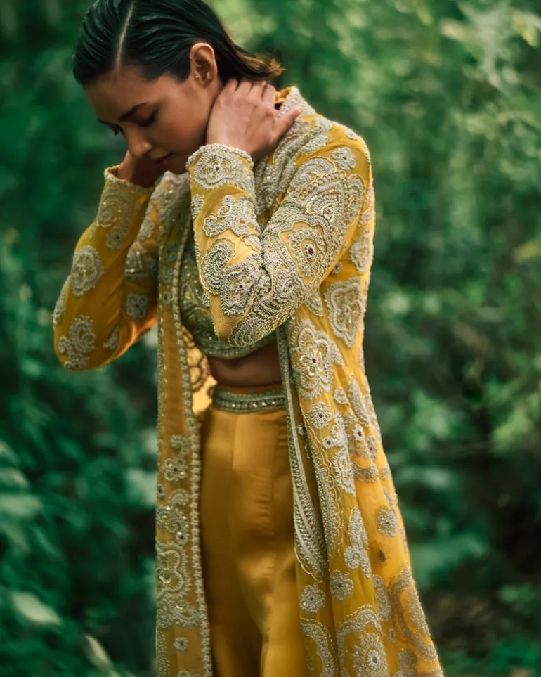 Mustard Embroidered Jacket And Pants Set