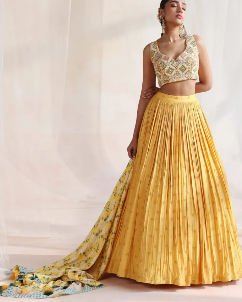 Mustard Embroidered Lehenga With Printed Dupatta Set