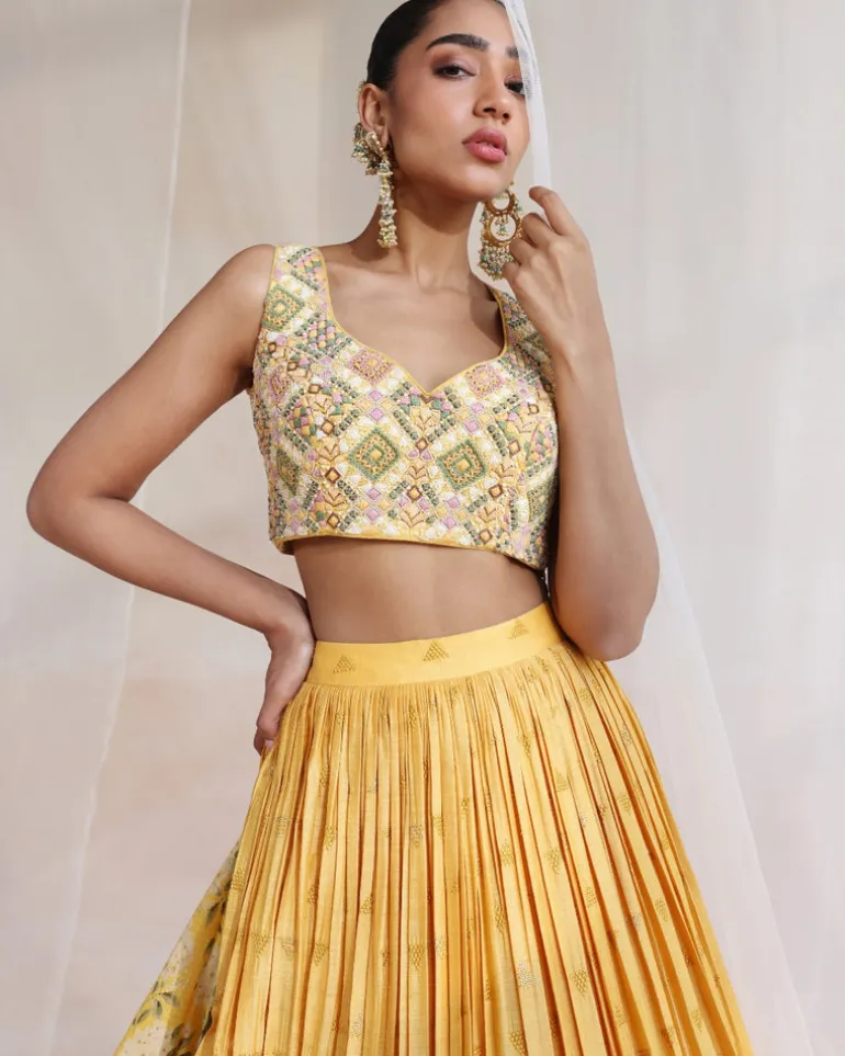 Mustard Embroidered Lehenga With Printed Dupatta Set