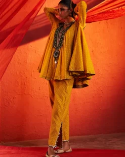 Mustard Embroidered Peplum Set