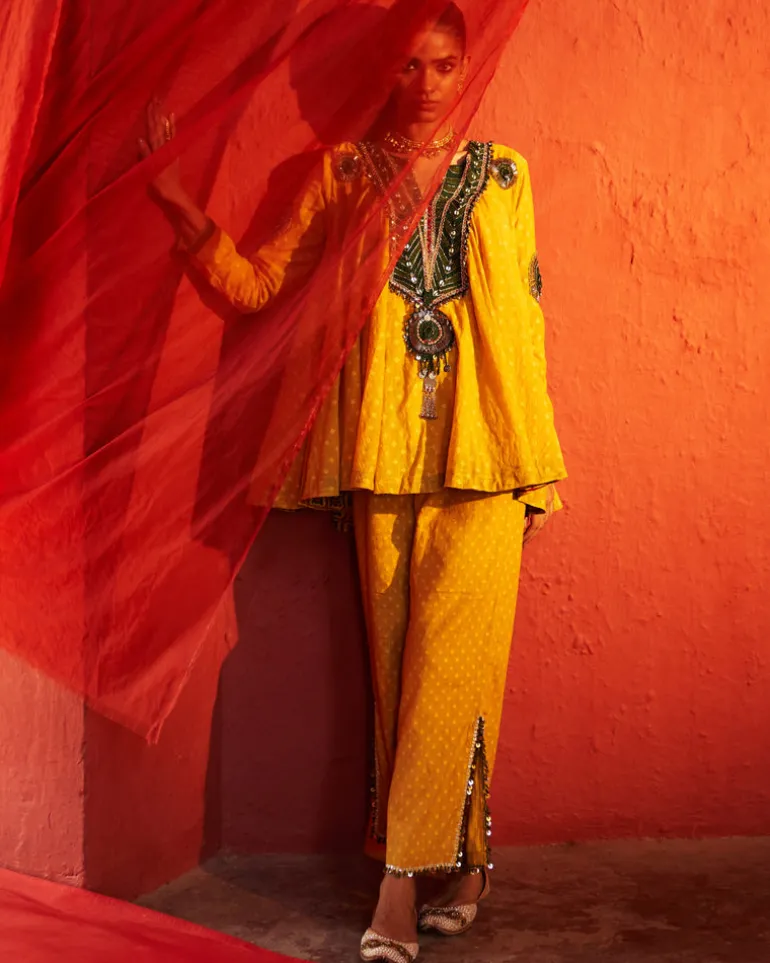 Mustard Embroidered Peplum Set
