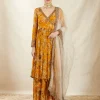 Mustard Georgette Floral Angrakha Set