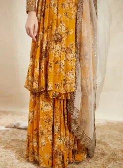 Mustard Georgette Floral Angrakha Set