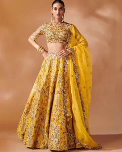 Mustard Lehenga Set With Elbow Length Sleeves