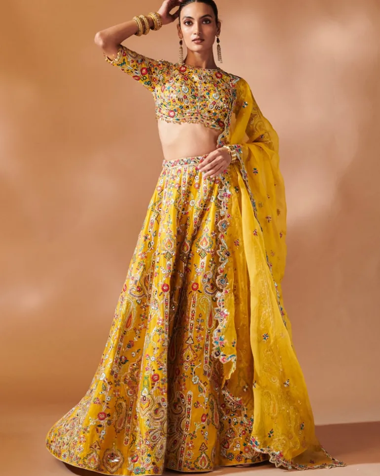 Mustard Lehenga Set With Elbow Length Sleeves