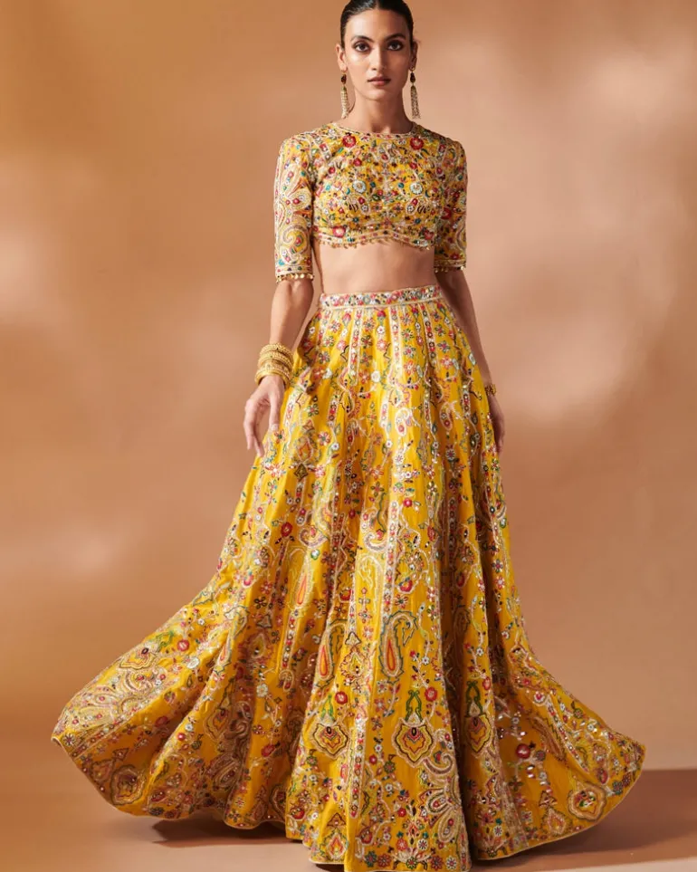 Mustard Lehenga Set With Elbow Length Sleeves