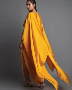 Mustard Metallic Top With Draped Skirt Set
