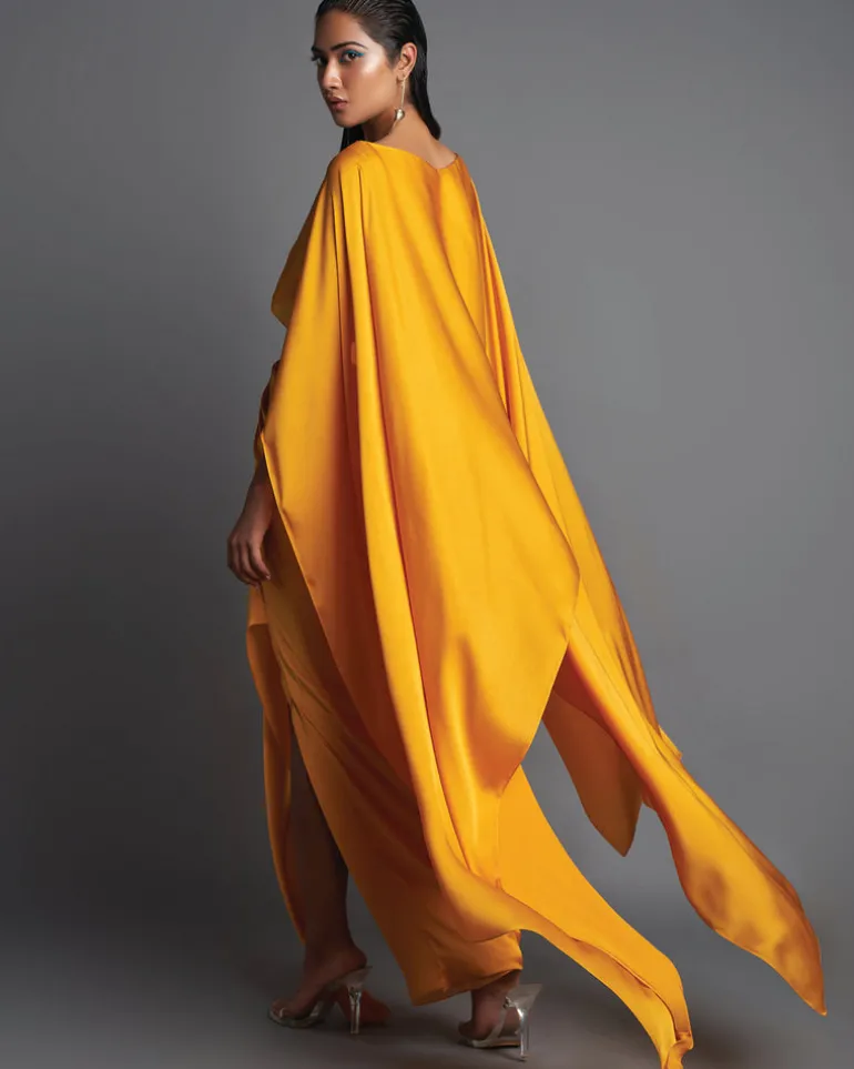 Mustard Metallic Top With Draped Skirt Set
