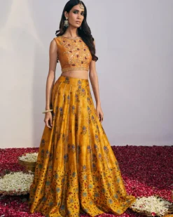 Mustard Printed Kalidar Lehenga Set