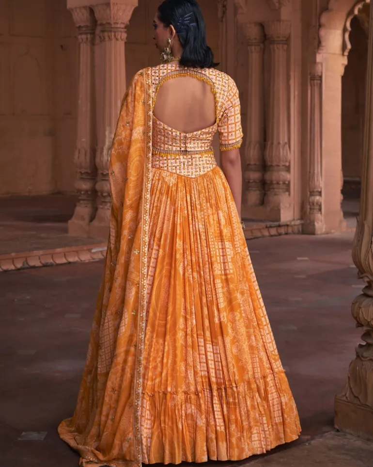Mustard Thikri Print & Highlighted Lehenga Set