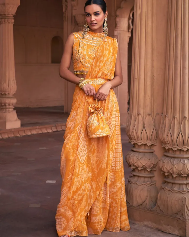 Mustard Thikri Print and Highlighted Pant Sari Set